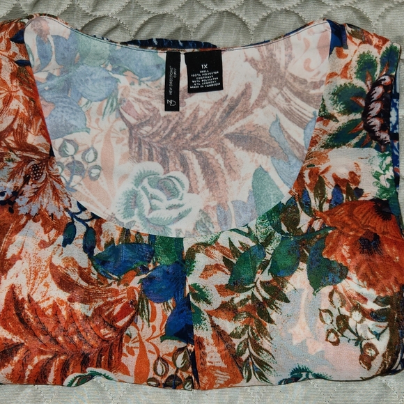 New Directions Curvy Top Blouse Plus 1X Orange Blue Sleeveless Sheer Overlay - Picture 7 of 9